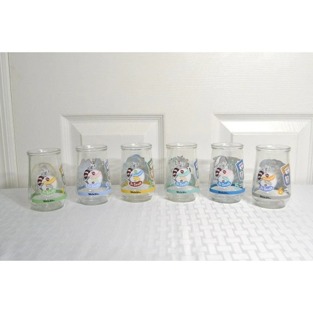 Vintage 1996 Welch Cat in The Hat Glass Jelly Jars, Complete Set of 6 Jars
